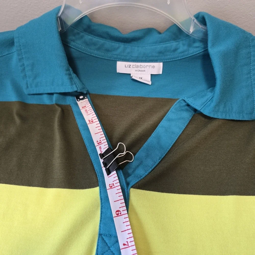 Liz Claiborne Women's Large Polo Shirt Multicolor Striped Cap Sleeve Cotton Knit